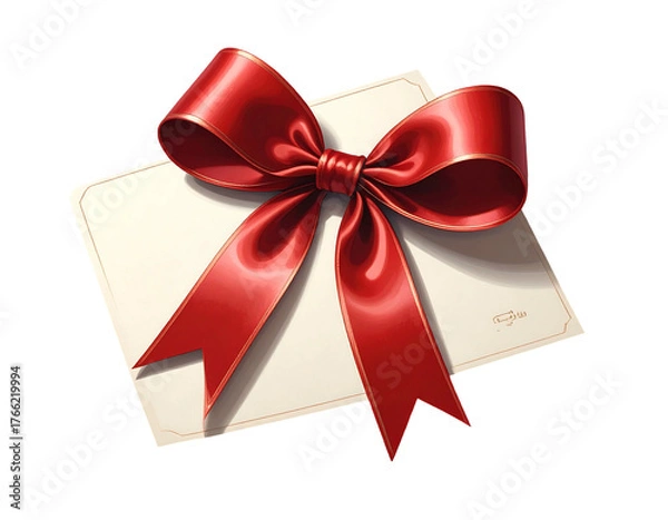 Fototapeta Red satin ribbon tied elegantly atop creamy paper; gentle shadows enhance its dimension and texture