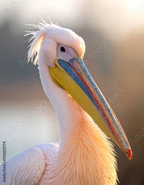 Obraz Close-up portrait of a graceful pelican in soft, golden light