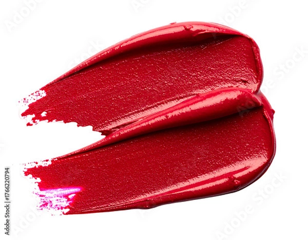 Fototapeta Red smear isolated on black. Abstract brush stroke texture with a shiny surface. Decorative, cosmetic, or culinary context