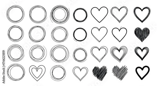 Fototapeta Hand drawn doodle hearts and circles set on white background.