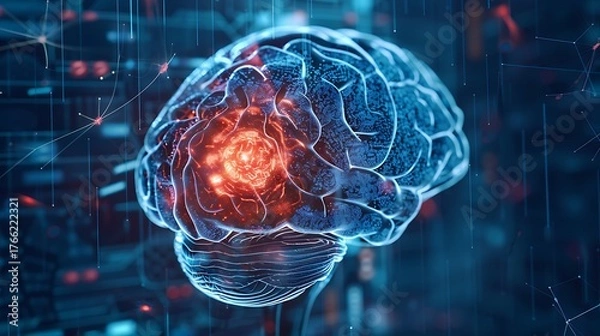 Obraz Brain tumor illustration, glowing 3D brain with highlighted tumor area in red