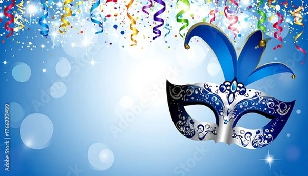 Obraz Festive blue and white masquerade mask with falling confetti and streamers