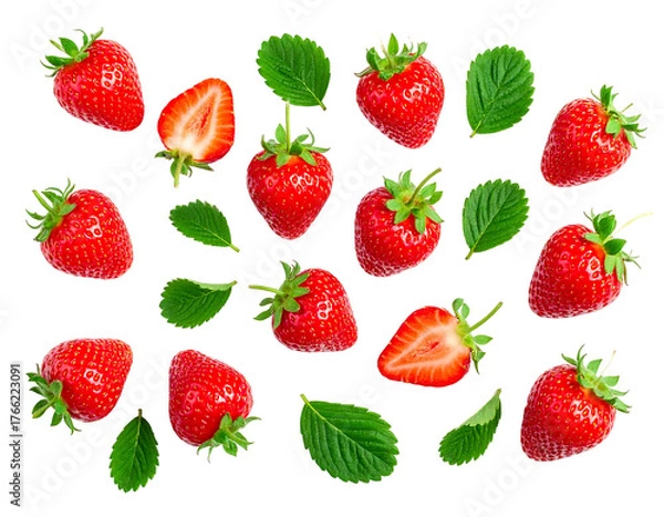 Fototapeta Red strawberries & green leaves are scattered on a black background, some cut in half, revealing seeds