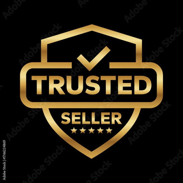 Fototapeta Trusted Seller logo, label, badge, sticker, symbol, emblem, stamp, banner, shield, mark, circle, black, line, flat vector, isolated illustration. Trusted Seller label for product packaging design.