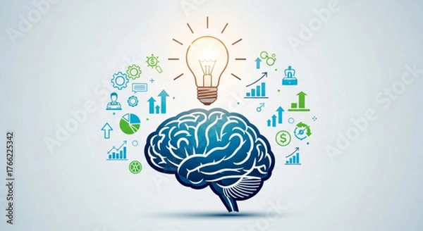 Fototapeta Brain with light bulb and business icons, , representing ideas, innovation, and strategic thinking for business success and growth