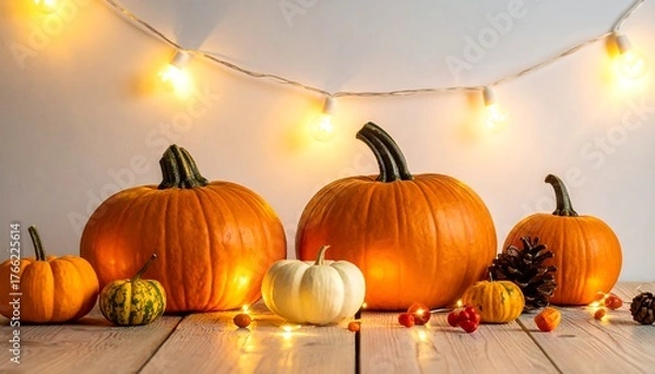 Obraz Several pumpkins, lights, and autumn decor are set on a wooden table