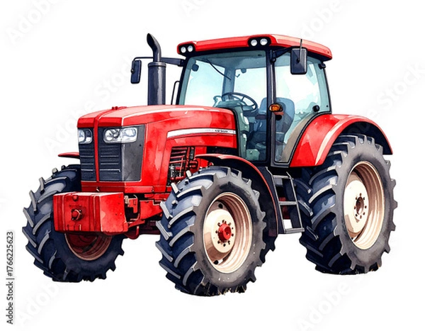 Fototapeta Red tractor with large tires and cabin, painted in watercolor style on black background, angled view