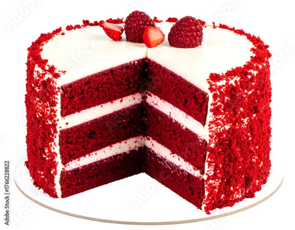 Fototapeta Red velvet cake on a stand, with a slice removed. Strawberries and raspberries adorn the top with white icing layers