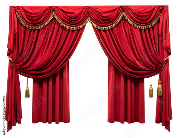 Fototapeta Red velvet theater curtain with gold fringe and tassels, pulled slightly open, centered on black