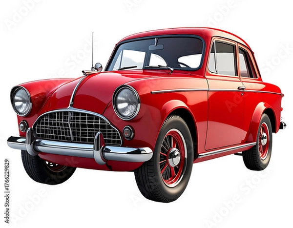 Fototapeta Red vintage compact car against a black backdrop, capturing a sunny day, showcasing automotive elegance
