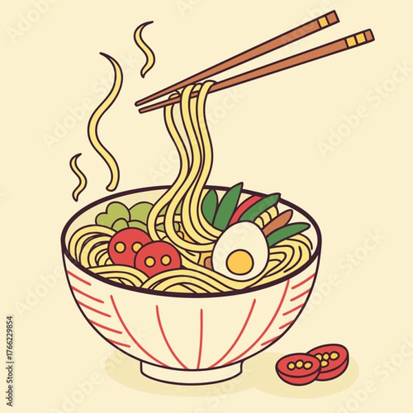 Obraz Delicious Ramen Noodle Bowl with Vegetables and Egg Illustration Perfect for Asian Cuisine Promotion and Restaurant Menu Design