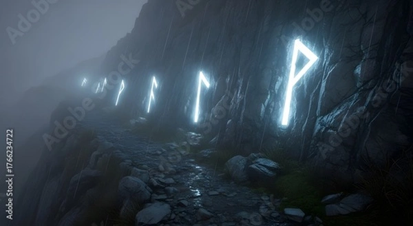 Fototapeta Mysterious Glowing Runes in a Dark Foggy Cave with Water.