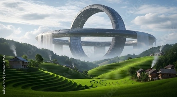 Fototapeta Futuristic Ring Structure Hovering Over Lush Green Hills and Terraced Fields.