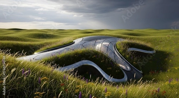 Obraz Futuristic Eco-Friendly Building Integrated into Rolling Green Landscape.