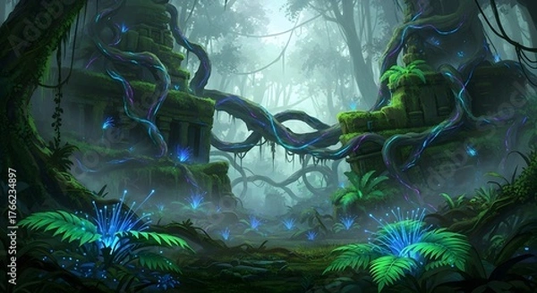 Fototapeta Enchanted Bioluminescent Forest with Glowing Plants and Mystical Atmosphere.