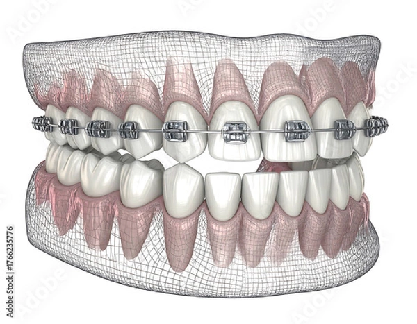 Fototapeta Rendered teeth with braces, showing gums, wireframe design, and a black background