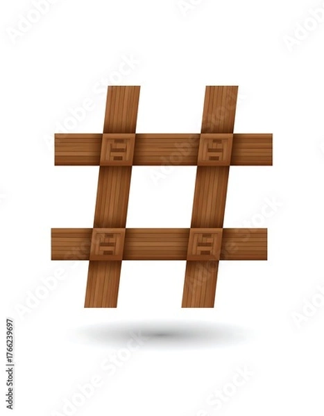 Fototapeta Brown wooden hashtag symbol, with shadow, on clean white backdrop