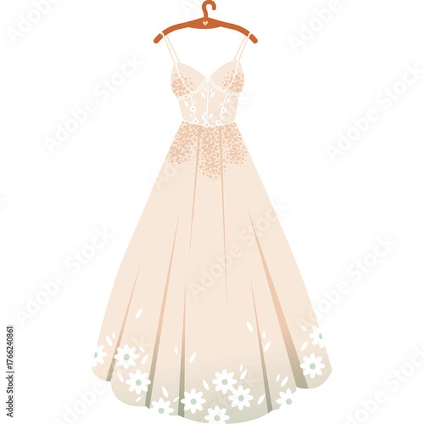 Obraz Elegant white wedding dress with delicate floral pattern and spaghetti straps displayed on a hanger against a transparent background