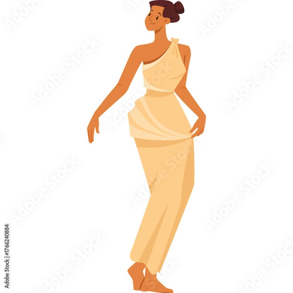 Obraz Elegant Woman in Flowing Cream Gown Posing Gracefully with One Shoulder Drape and Subtle Smile Against a White Background