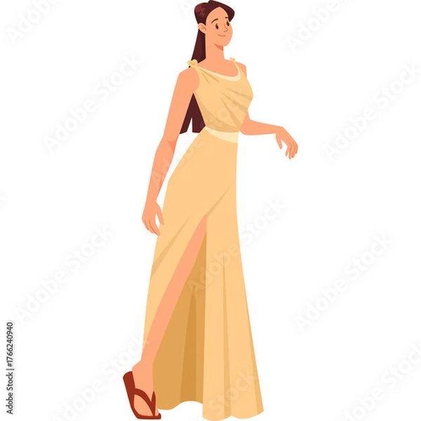 Obraz Elegant Young Woman In A Flowing Beige Gown With A High Slit And Sandals Standing On A White Background