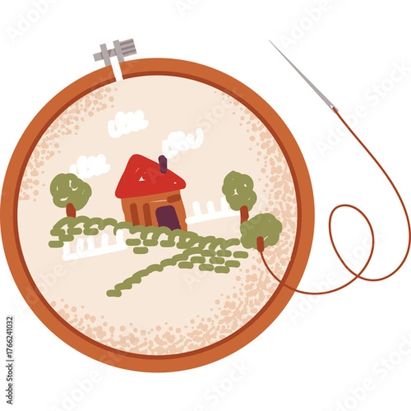 Obraz Embroidery hoop displaying a charming rural landscape with a red roof house green trees and white fence illustration with needle and red thread