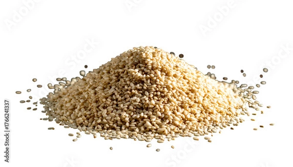 Fototapeta Pile of tan seeds, forming a small hill against a stark black backdrop, highlighting their texture and tiny size