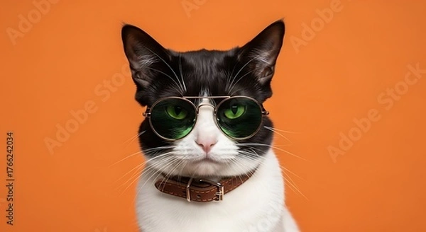 Fototapeta Studio Portrait of Stylish Tuxedo Cat Wearing Green Sunglasses and Collar