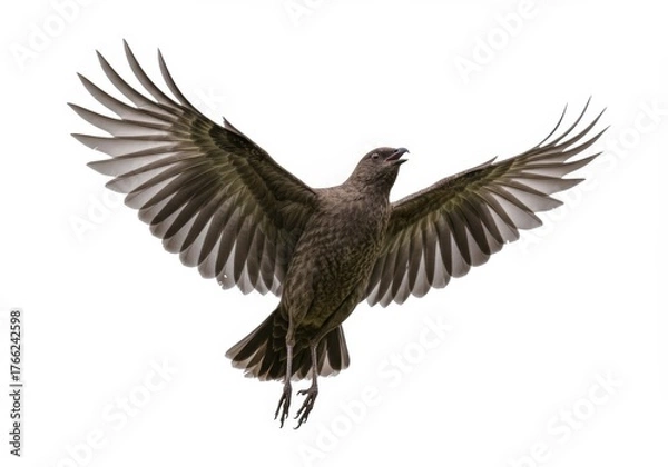 Fototapeta Dramatic upward shot of a bird in flight, showcasing its textured plumage