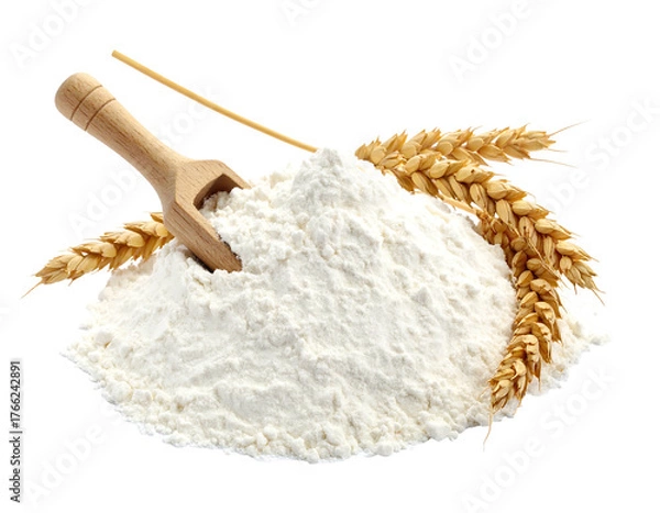 Fototapeta Pile of white flour with a wooden scoop, adorned with golden wheat stalks on a transparent background