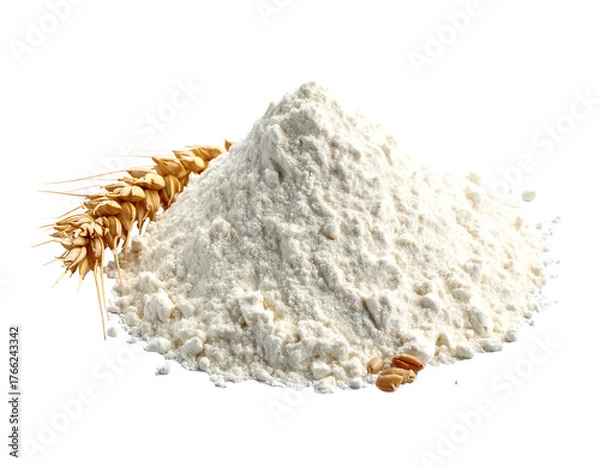 Fototapeta Pile of white flour with wheat stalks beside it. Small scattered wheat kernels lie nearby. Isolated on black