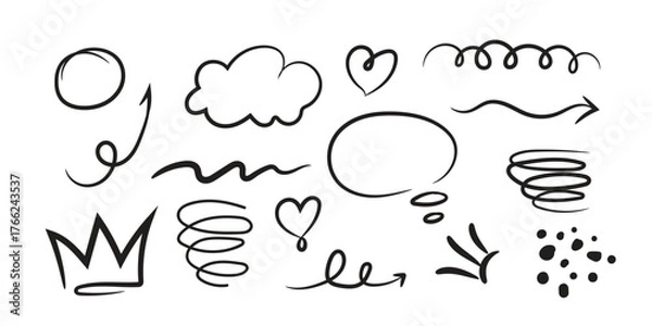 Obraz star with marker stroke pencil highlight, Doodle sketch heart, star, cloud cartoon sticker shapes