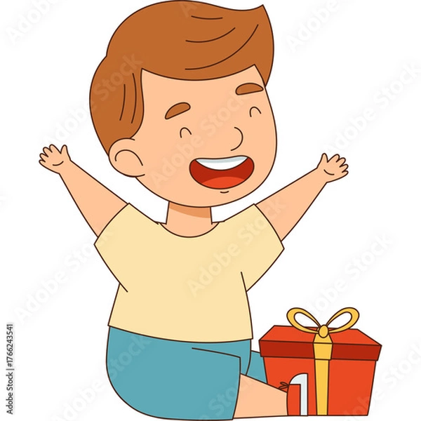 Fototapeta Excited young boy with open arms and beaming smile sits beside a red gift box with a yellow ribbon celebrating a special occasion with pure joy and anticipation in a clean illustration style