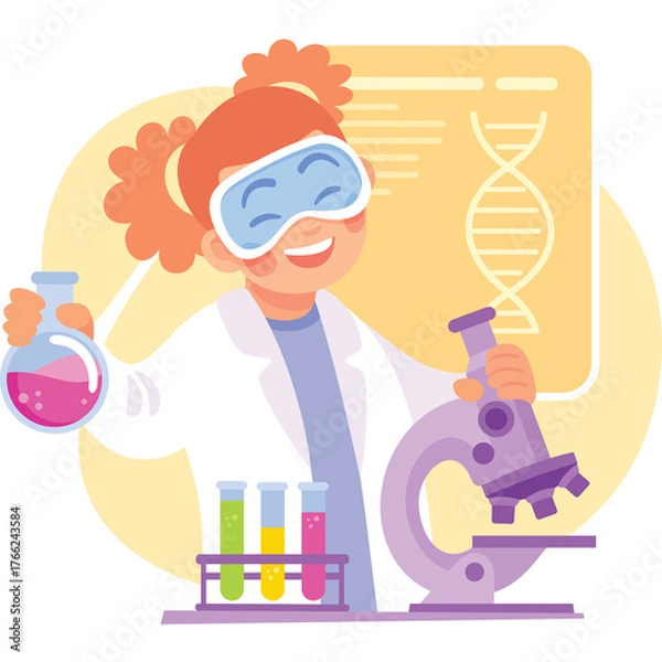 Fototapeta Excited Young Girl Scientist Wearing Goggles and Lab Coat Holding Flask and Microscope Ready for Discovery in a Brightly Lit Laboratory with DNA Strand Poster