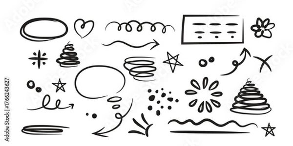 Obraz star with marker stroke pencil highlight, Doodle sketch heart, star, cloud cartoon sticker shapes
