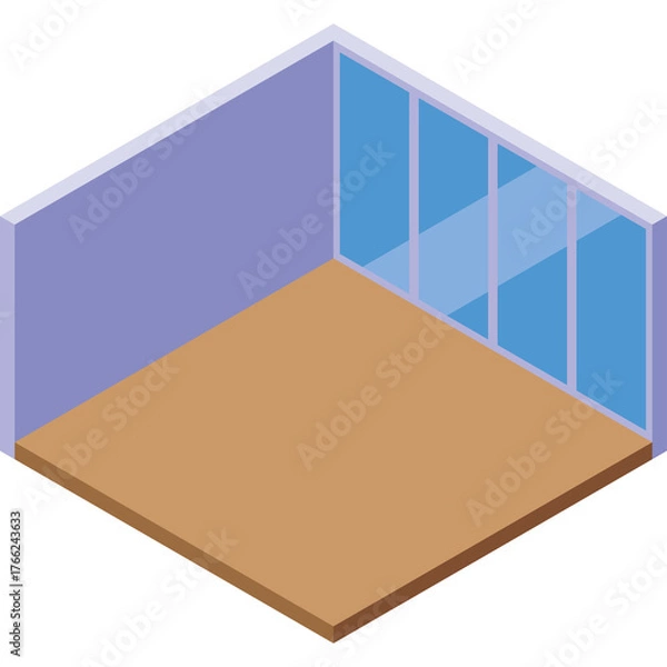 Fototapeta Empty Isometric Room With Light Blue Walls and Wooden Floor Illuminated by Soft Natural Light Through Large Glass Windows