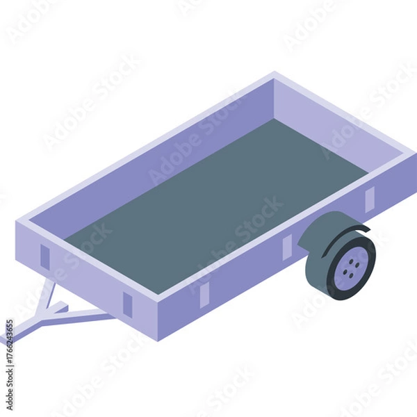 Fototapeta Empty Light Purple Open Top Trailer with Single Gray Wheel and Tow Hitch Isolated on White Background Simple Clean Design