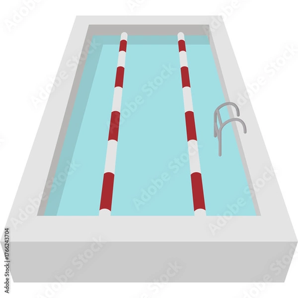 Fototapeta Empty Swimming Pool with Light Blue Water White Concrete Edges and Red White Lane Markers with Metal Ladder on the Side Top View Angle