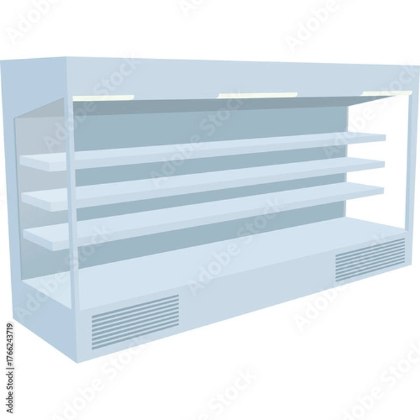Fototapeta Empty White Refrigerated Display Case with Multiple Shelves and Fluorescent Lighting Isolated on a Transparent Background
