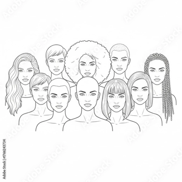 Obraz Multiethnic women. A group of beautiful women with different beauty, hair color, and skin tone. Concepts of women, femininity, diversity, independence, and equality. Vector illustration.