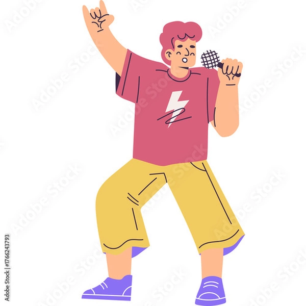 Fototapeta Energetic Man Singing Rock Music Holding Microphone With Hand Up In Performance Pose And Wearing Pink T-shirt And Yellow Pants And Purple Shoes On Transparent Background