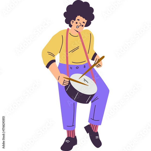 Fototapeta Energetic Pixel Art Character Playing A Drum With Drumsticks A Dynamic Colorful Illustration On A Transparent Background