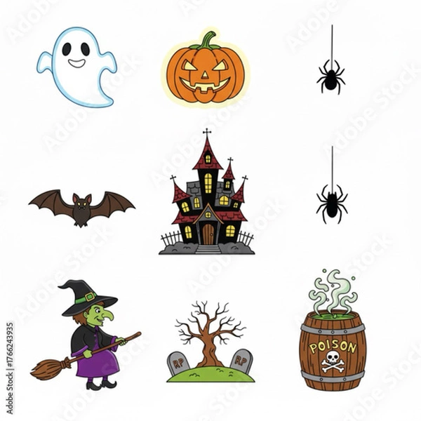 Obraz A wide variety of unique Halloween merchandise featuring ghosts, bats, pumpkins, spiders, haunted houses, witches, graveyards and poison