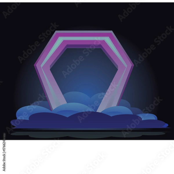 Fototapeta Ethereal Hexagonal Portal Archway Glowing With Purple and Teal Hues Ascending From Misty Blue Clouds Against A Dark Night Sky