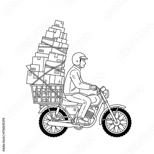 Obraz A man on his motorbike carries many packages piled behind him. Vector illustration of a logistics advertising banner.
