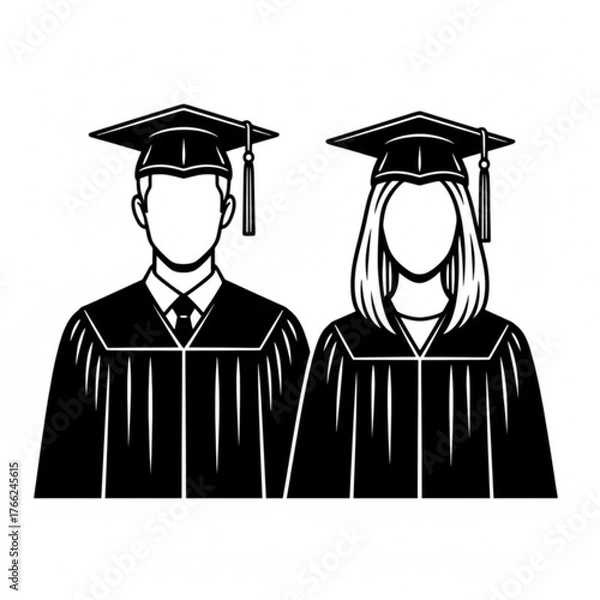 Obraz Photo of two male and female students wearing graduation gowns complete with togas