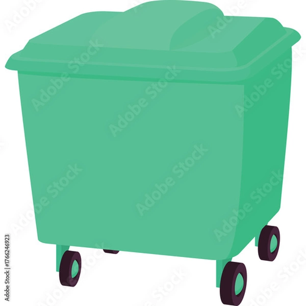 Fototapeta Teal Green Trash Bin with Wheels and Lid on a Transparent Background Simple Vector Illustration