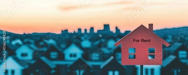 Fototapeta Cityscape view with a focus on a house sign for rent against a vibrant sunset.