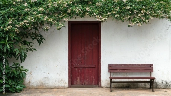 Obraz A rustic red door framed by green foliage and a wooden bench invites relaxation outdoors.