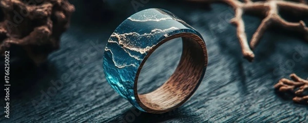 Fototapeta A handcrafted ring featuring a unique blend of wood and resin designs.