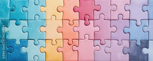 Fototapeta Colorful puzzle pieces arranged in a harmonious gradient pattern for creative designs.